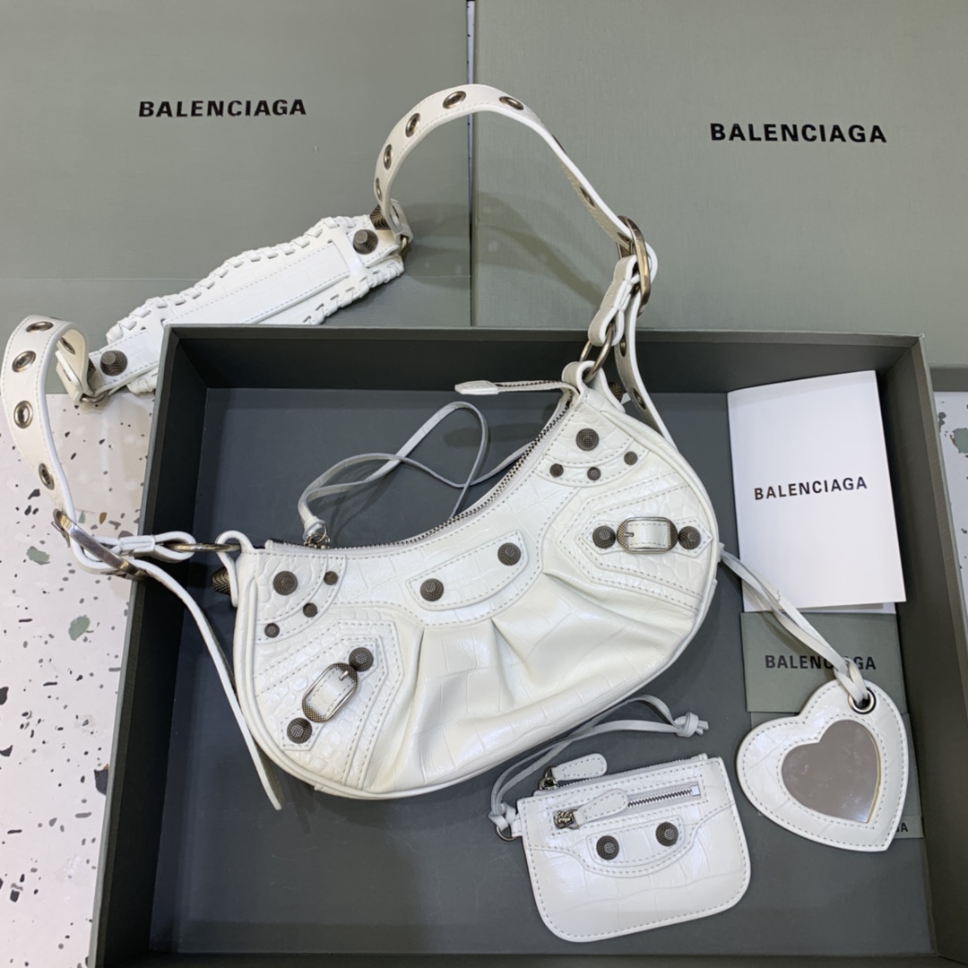 Balenciaga Le Cagole XS Shoulder Bag Crocodile Embossed White 